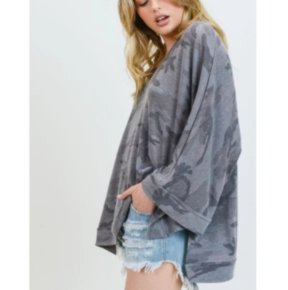 Camo Print 3/4 Dohlman Sleeve Oversized Top - Picture 3 of 12